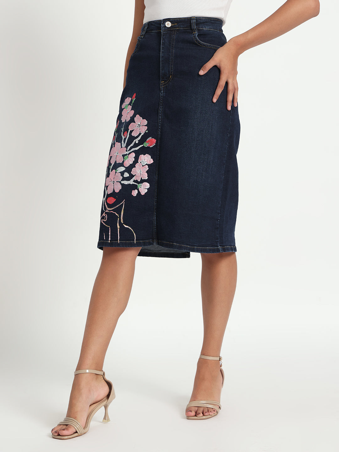 Gotamoda dark blue jeans skirt for women with floral embroidery and knee-length design