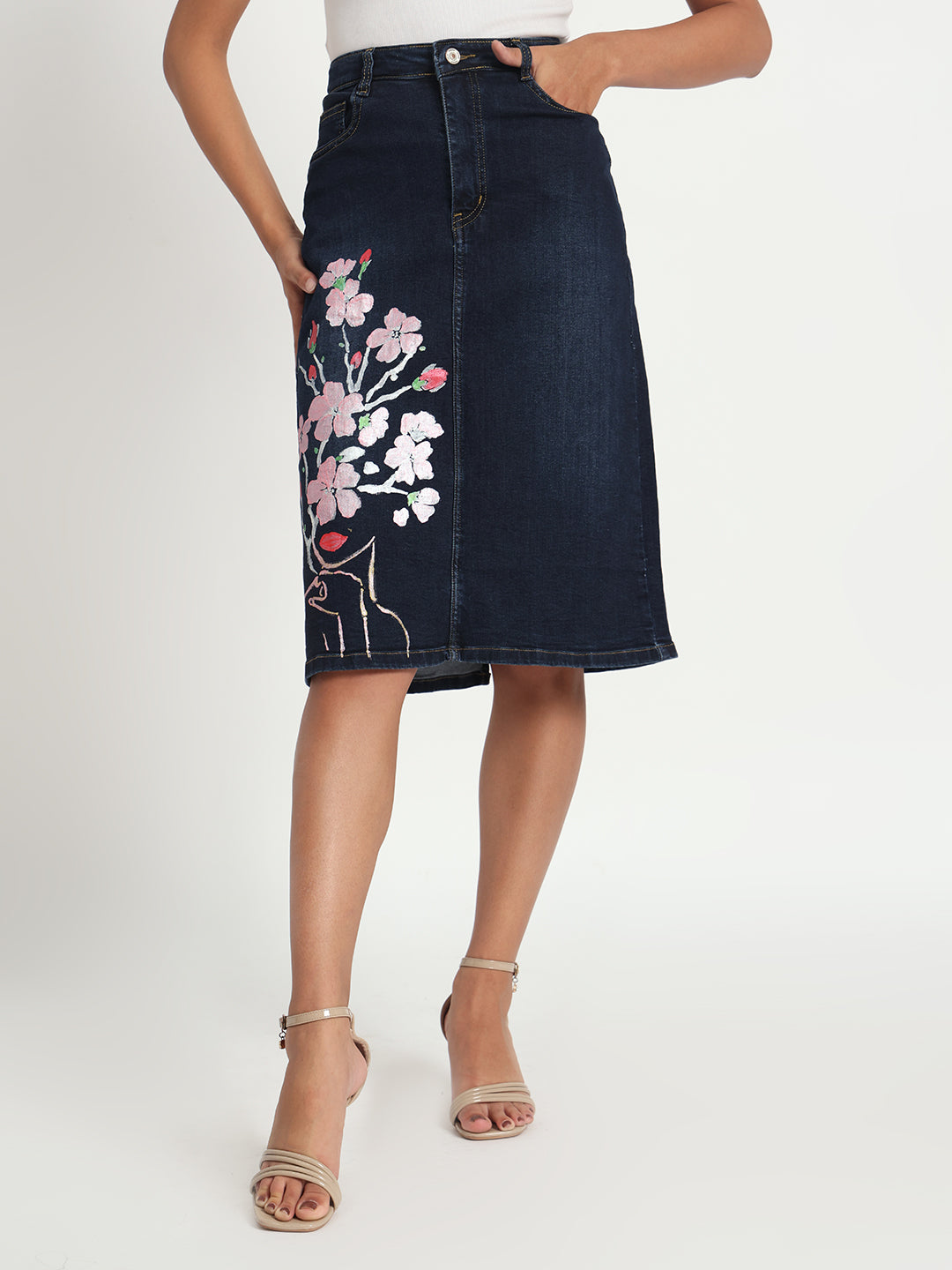 Gotamoda dark blue jeans skirt for women with floral embroidery and front button closure