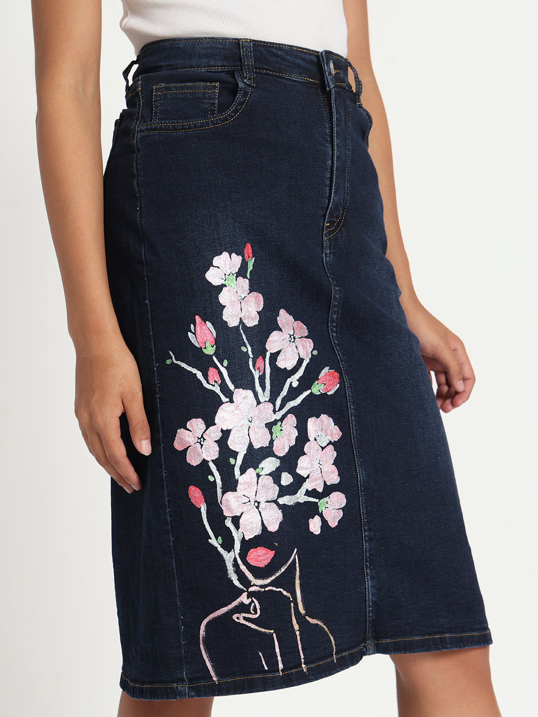 Gotamoda dark blue jeans skirt for women with floral embroidery on front side