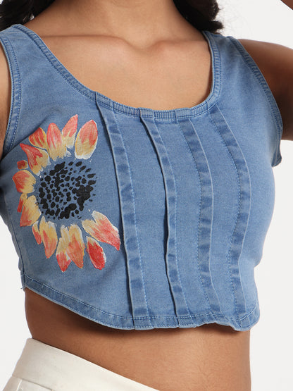 Gotamoda sleeveless jeans top with sunflower print and vertical stitched pleats