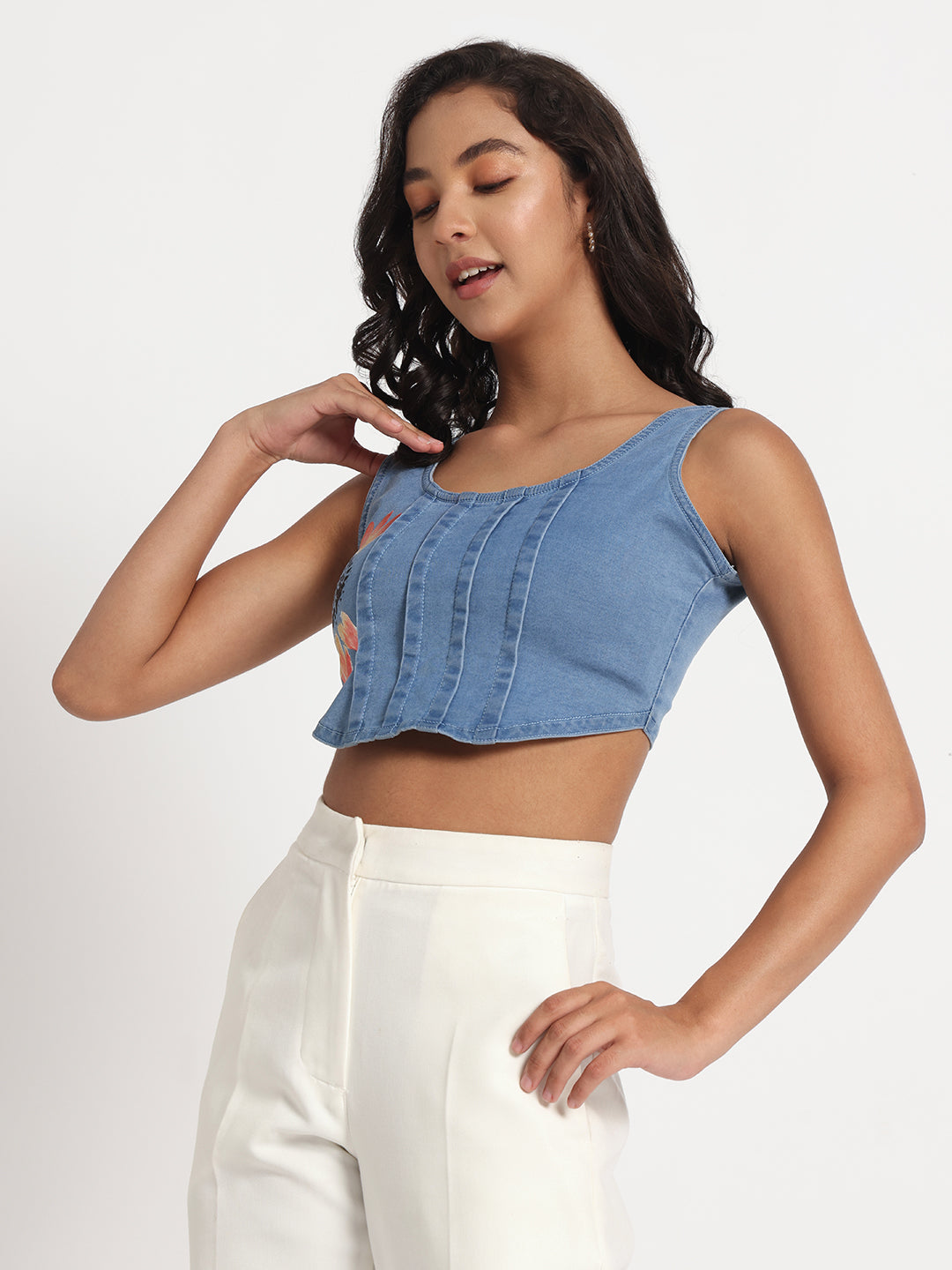 Gotamoda sleeveless blue crop jeans top with stitched detailing paired with white pants