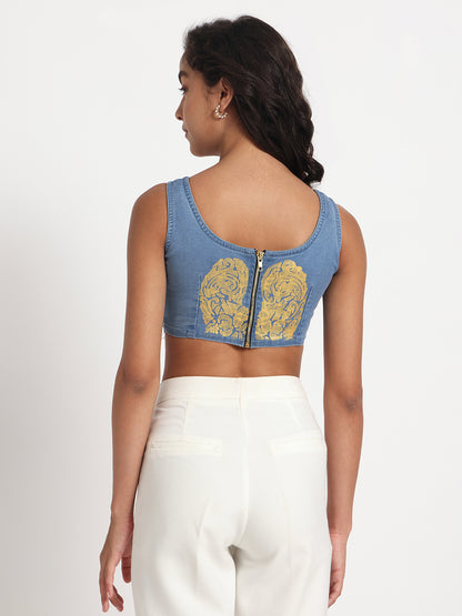 Gotamoda sleeveless jeans top with back zipper and yellow floral design on light blue denim