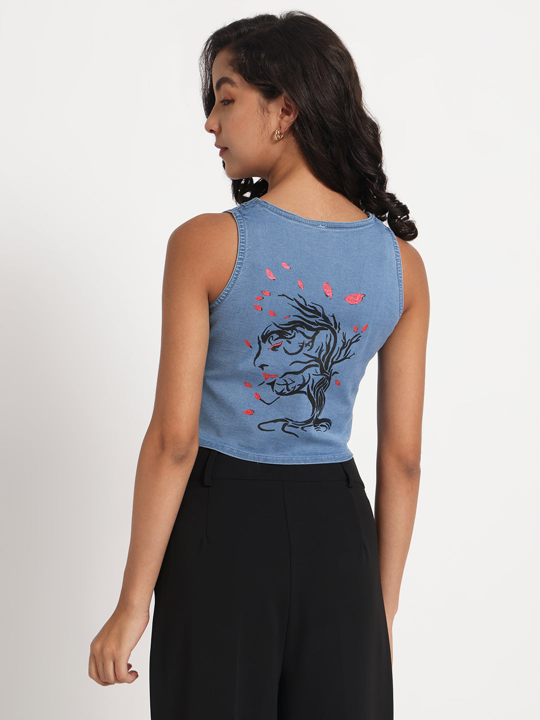 Gotamoda blue sleeveless Jeans Top Top with artistic tree and leaf print on back
