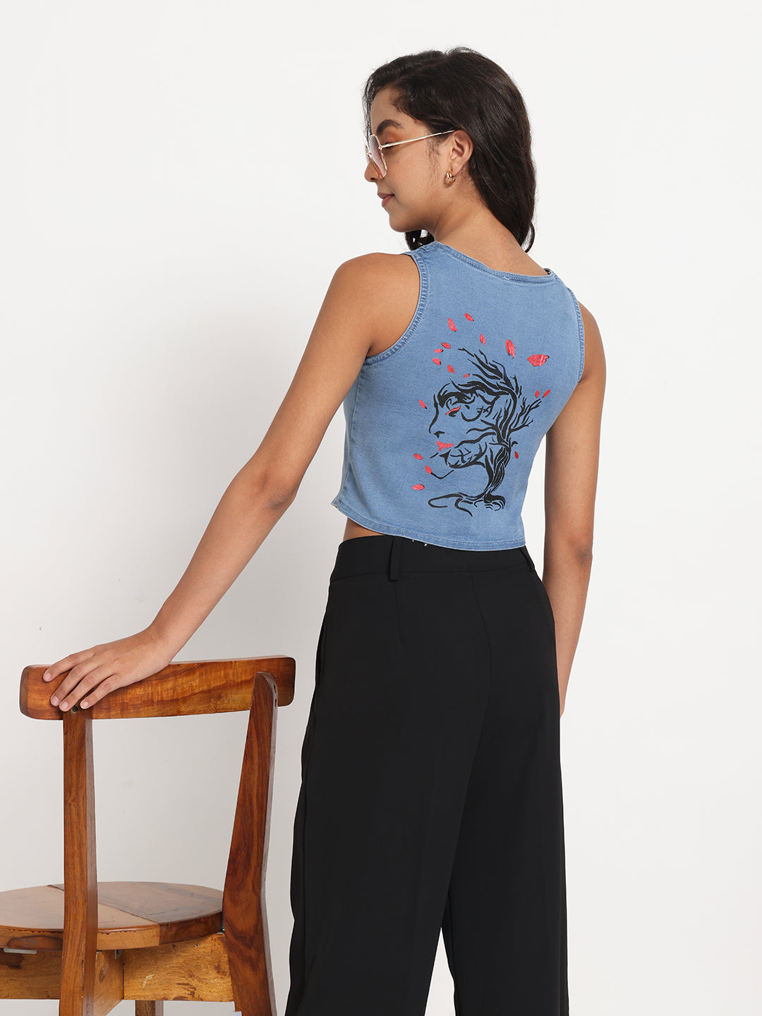 Gotamoda sleeveless Jeans Top Top in denim blue with graphic floral design on the back
