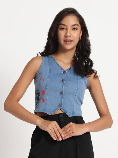 Gotamoda sleeveless blue denim Jeans Top Top with button front and floral side design