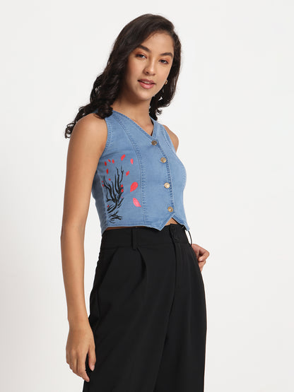 Gotamoda sleeveless blue denim Jeans Top Top with button front and floral embroidery