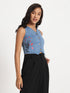 Gotamoda sleeveless blue denim Jeans Top Top with button front and floral embroidery