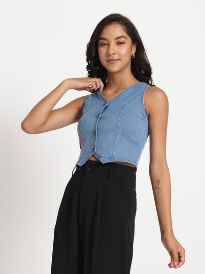 Gotamoda sleeveless blue denim Jeans Top Top with button front worn by woman
