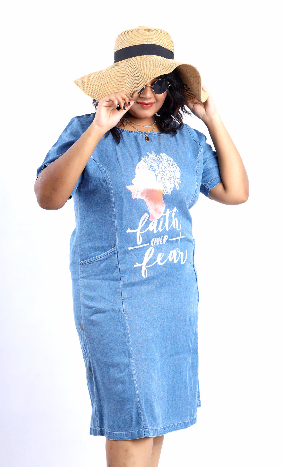 Gotamoda midi denim dress with sleeves featuring faith over fear print and side pockets
