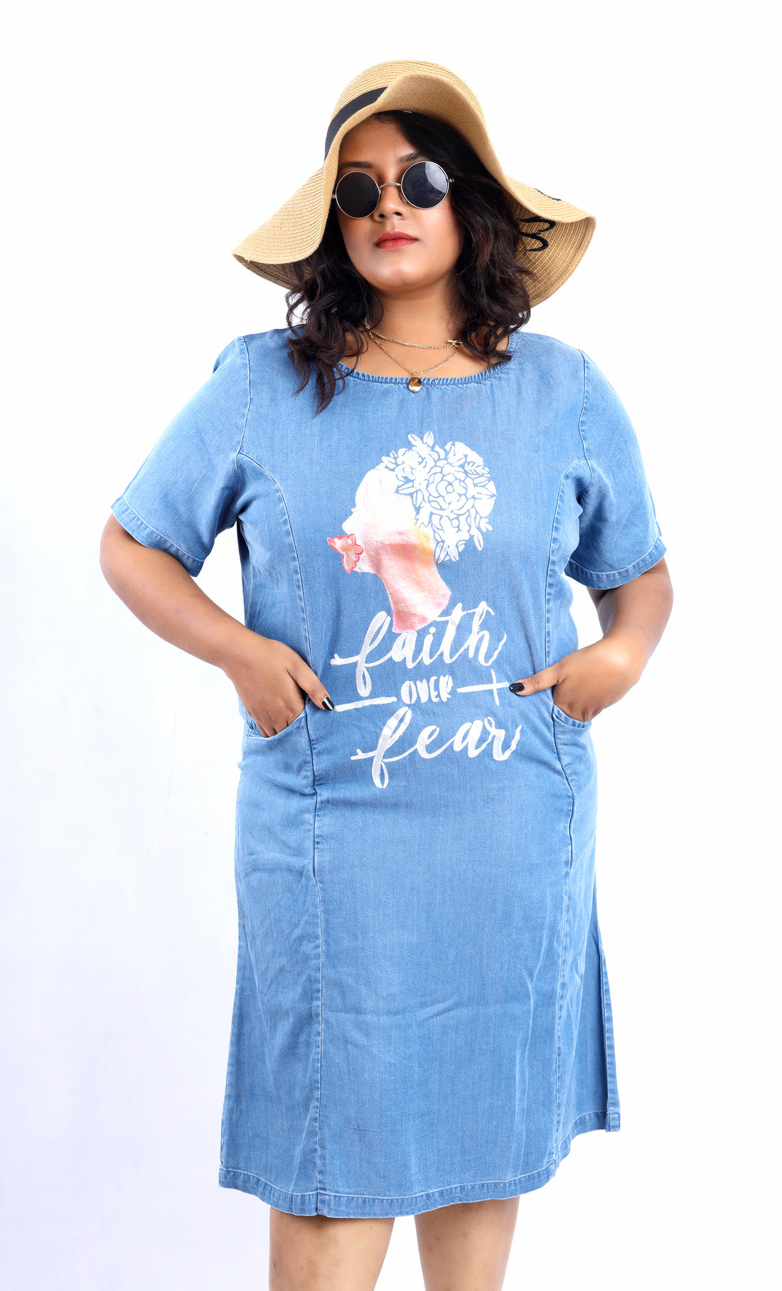 Gotamoda midi denim dress with sleeves featuring front pockets and faith over fear graphic print