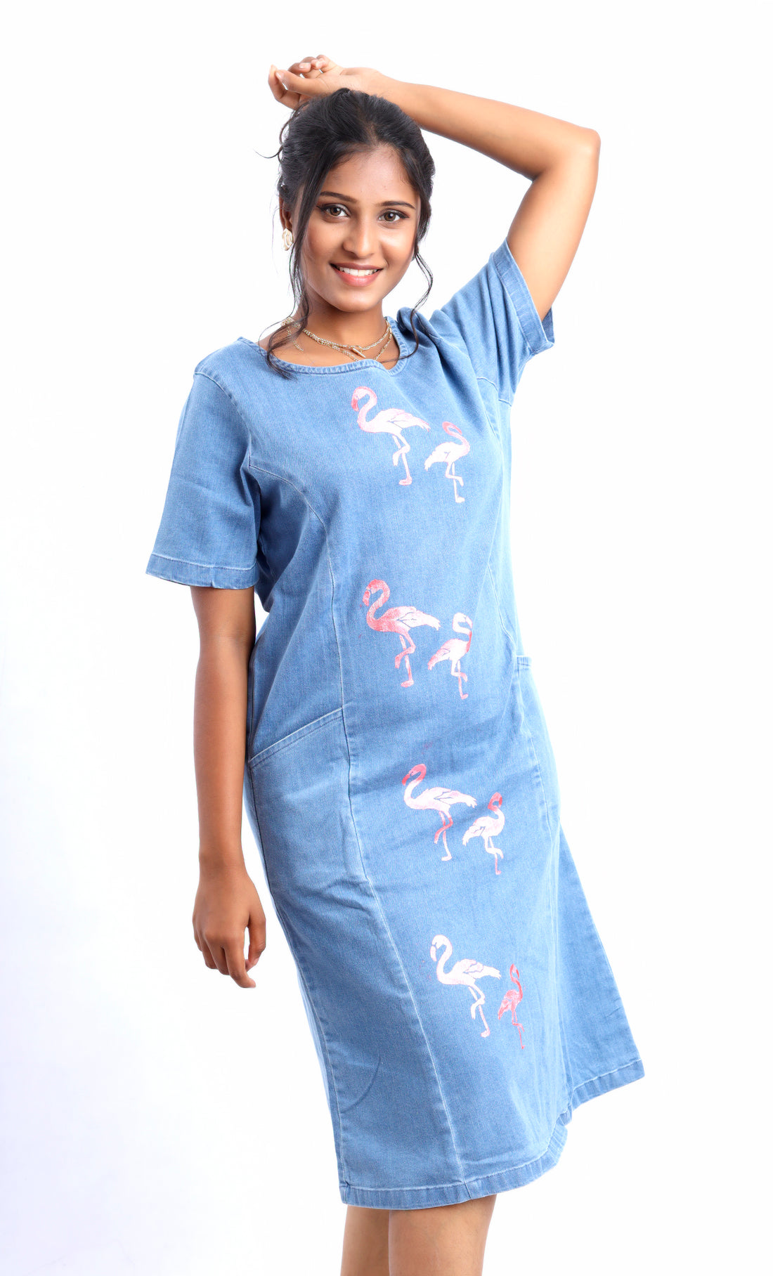 Gotamoda midi denim dress with sleeves featuring flamingo prints and a casual fit