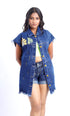 Gotamoda sleeveless denim jacket with floral print and frayed edges worn over casual shorts