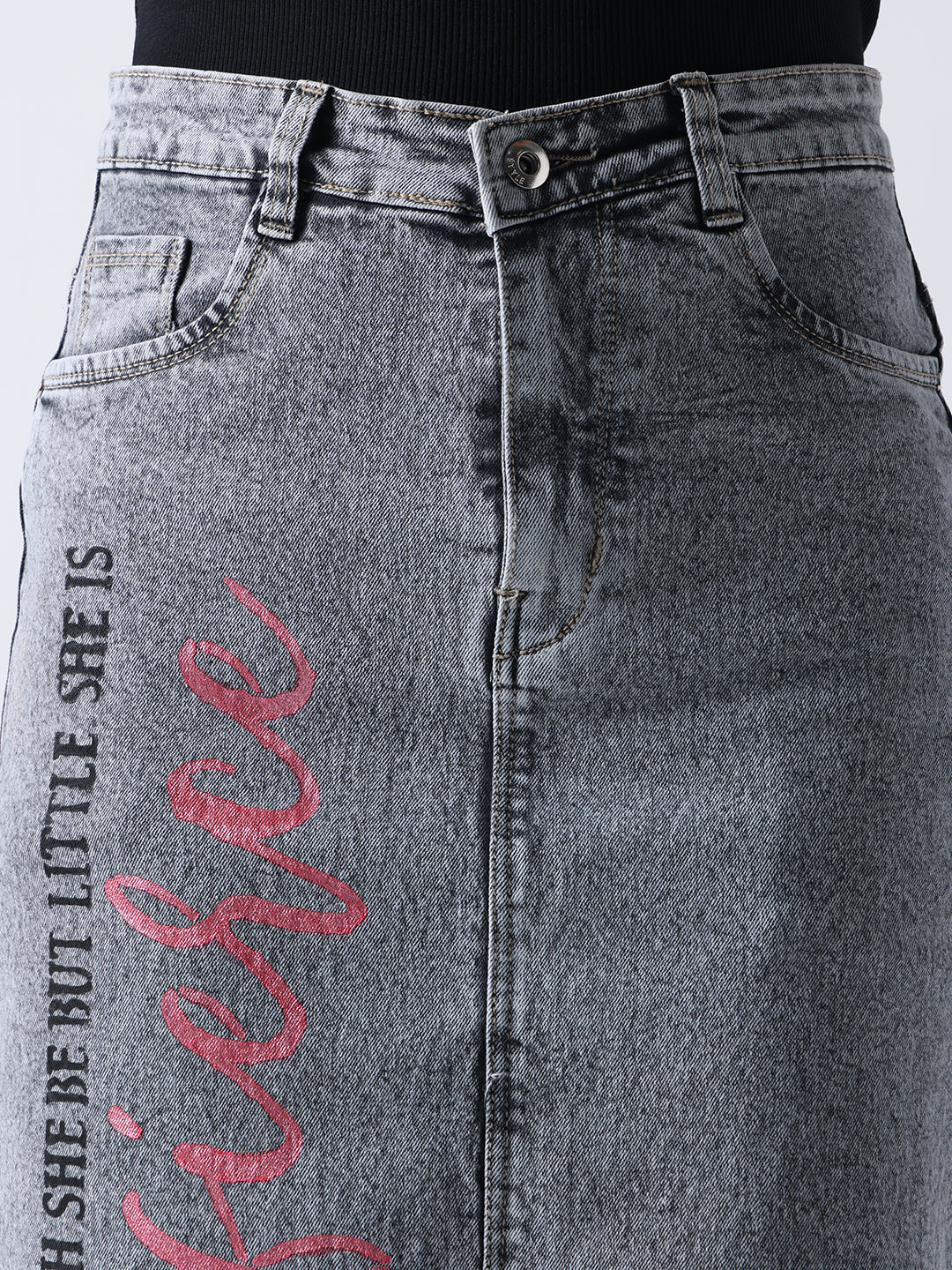 Gotamoda poetic rose hand Painted denim skirt in grey with pink and black text design on front