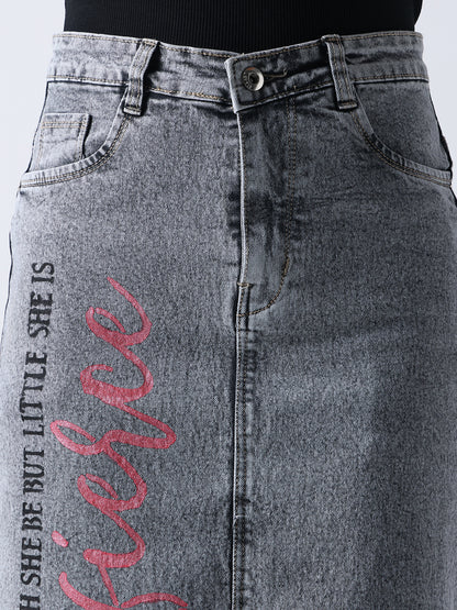 Gotamoda poetic rose hand Painted denim skirt in grey with pink and black text design on front
