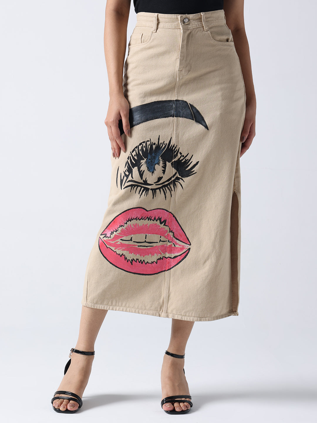 Gotamoda Pop Art Glam Hand Painted Denim Skirt in beige with large eye and lips design