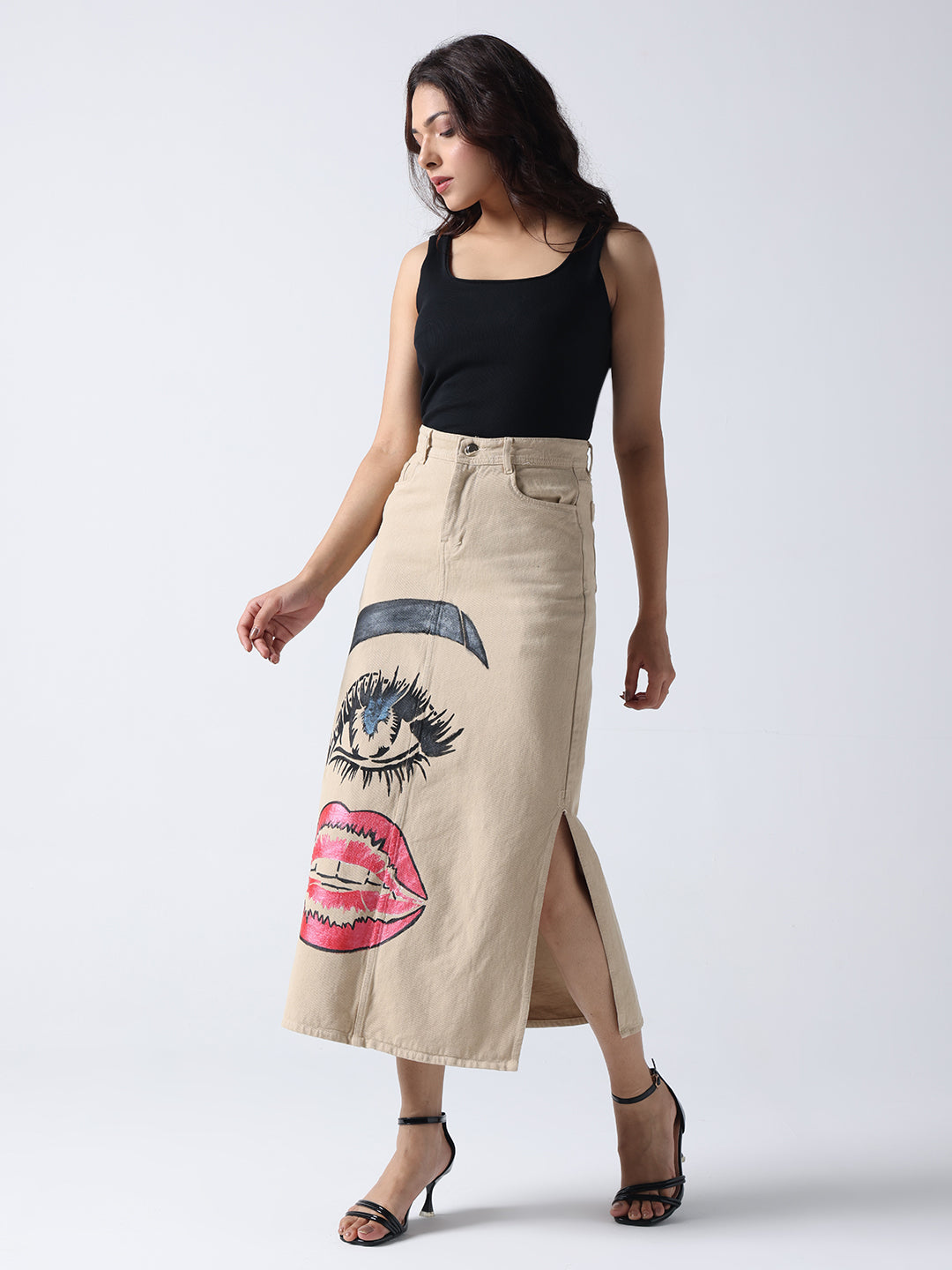 Gotamoda Pop Art Glam Hand Painted Denim Skirt with eye and lips design worn with black tank top