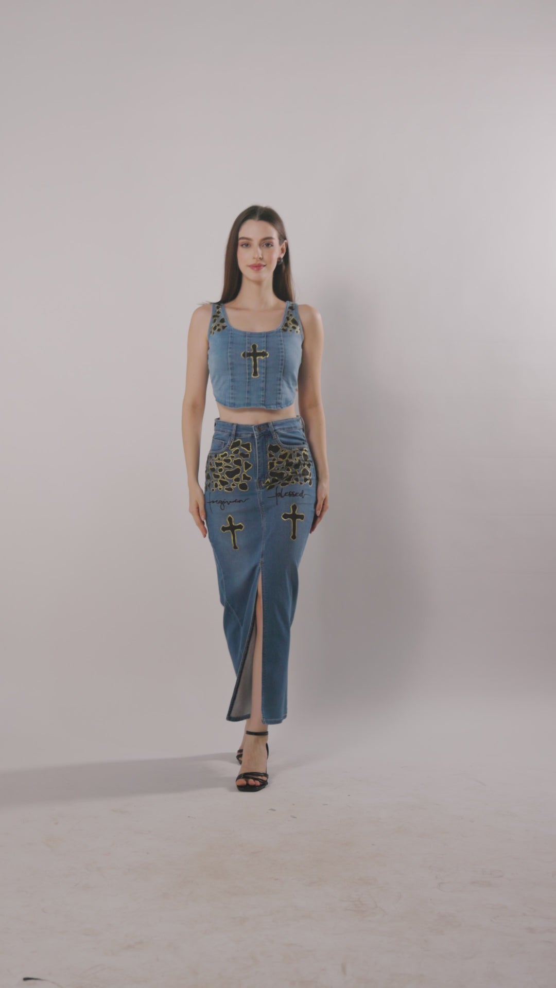 Forgiven Blessed Denim Co-ord Set | Hand-Painted Faith Fashion