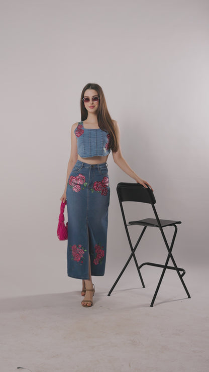 Hand-Painted Floral Denim Co-ord Set