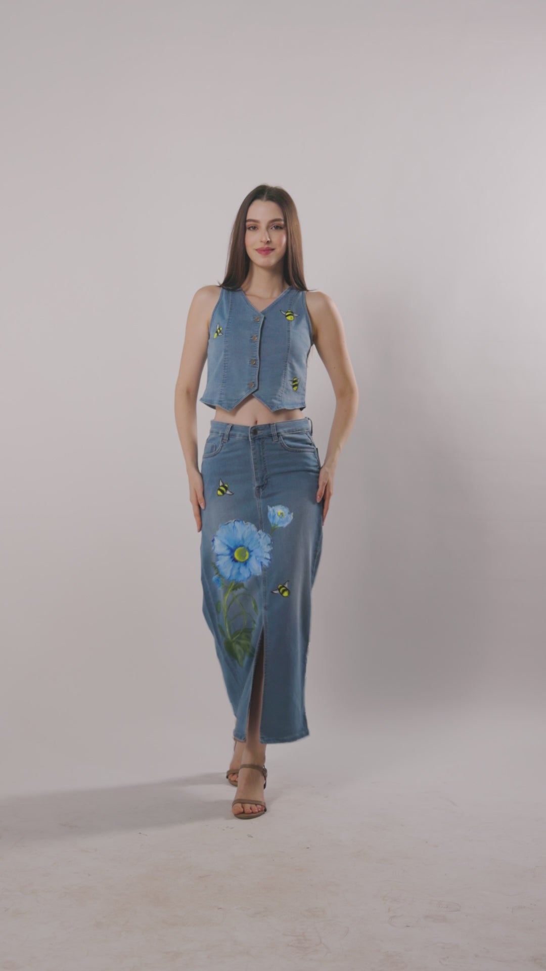 Blue Blossom Bee Hand-Painted Denim Co-ord Set