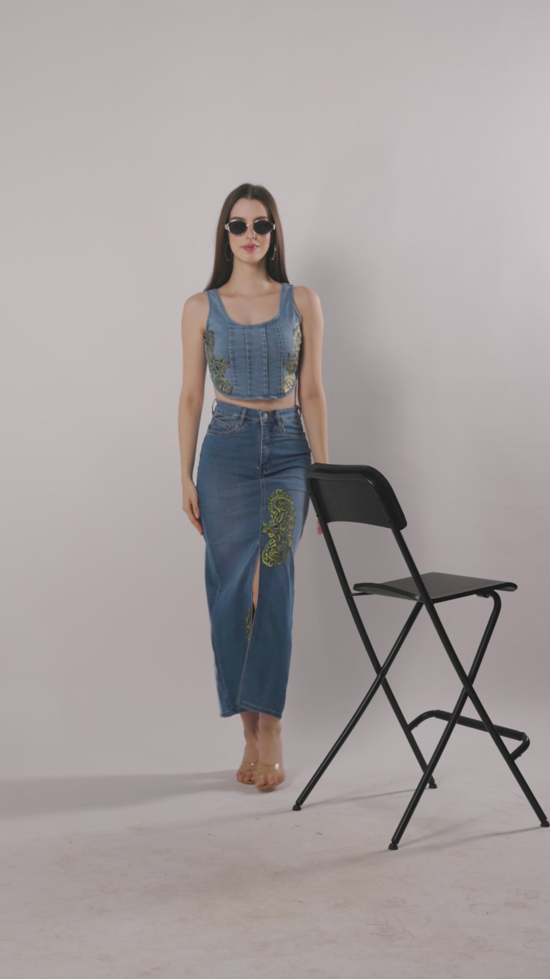 Verdant Muse Hand-Painted Denim Co-ord Set | Artistic Fashion