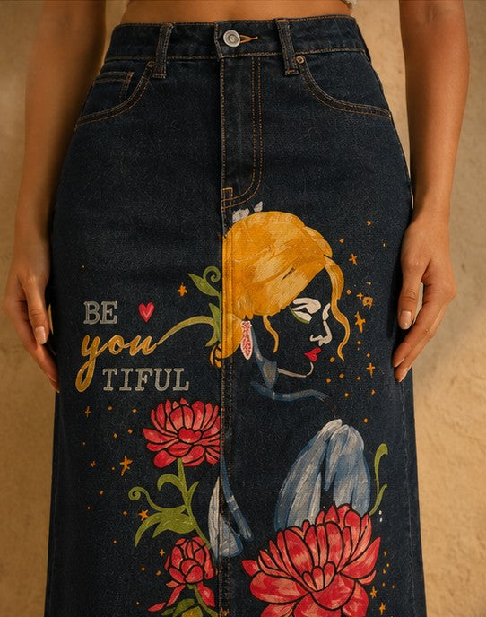BeYOUtiful Hand-Painted Denim Maxi Skirt