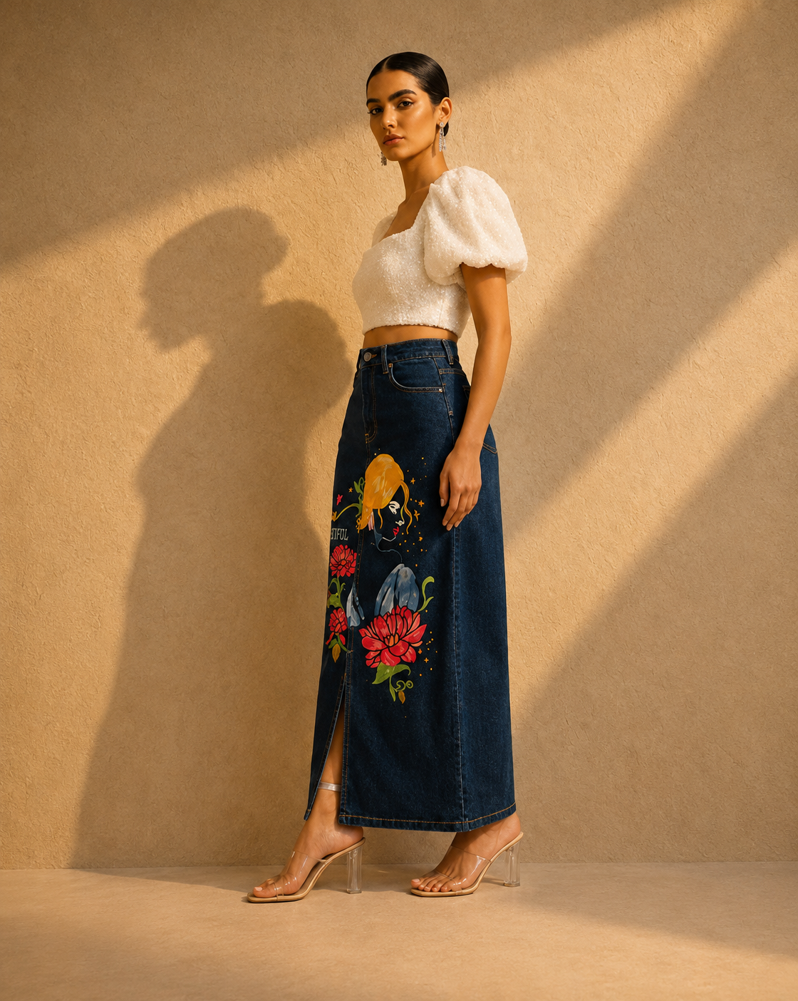 BeYOUtiful Hand-Painted Denim Maxi Skirt