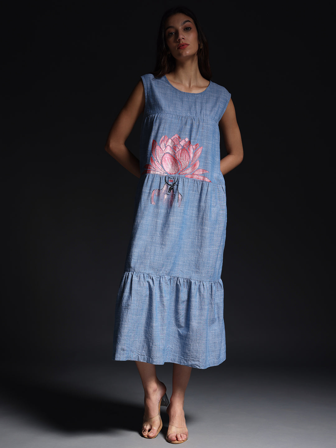 Gotamoda sleeveless maxi dress in blue with pink floral print and ruffle hem