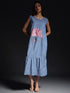 Gotamoda sleeveless maxi dress in blue with pink floral print and ruffle hem