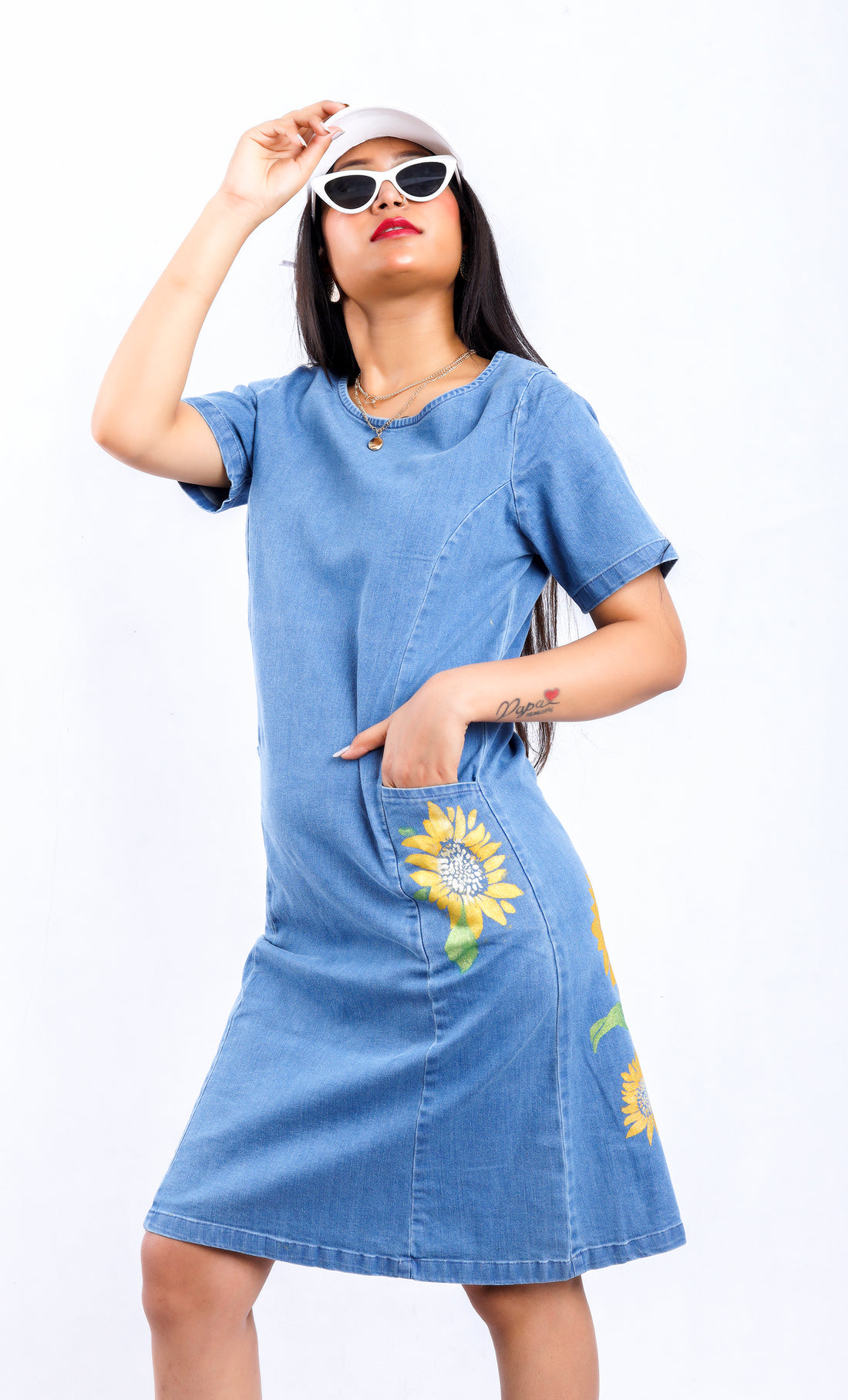 Gotamoda Sunflower Radiance Denim Dress with sunflower embroidery on pocket and side in light blue