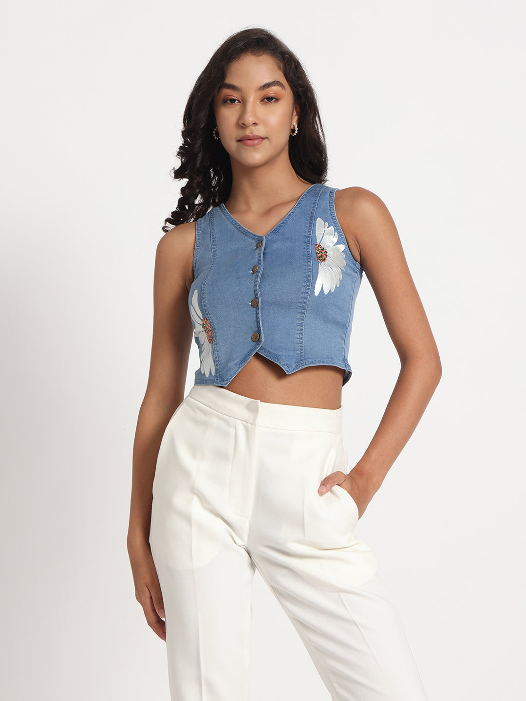 Gotamoda sleeveless blue top in jeans with floral embroidery and button front styling