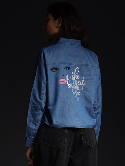 Gotamoda Top Jeans Shirt in blue with artistic face and quote embroidery on back