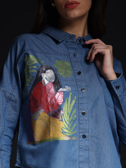 Gotamoda Top Jeans Shirt with artistic colorful print on front and button closure