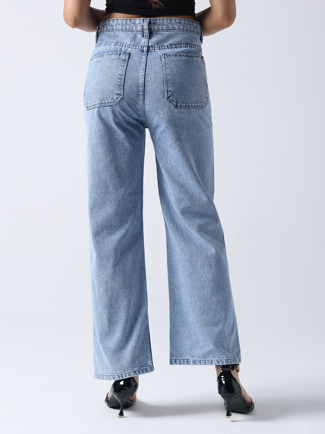 Gotamoda light blue wide leg hand painted jeans shown from the back with high waist and pockets
