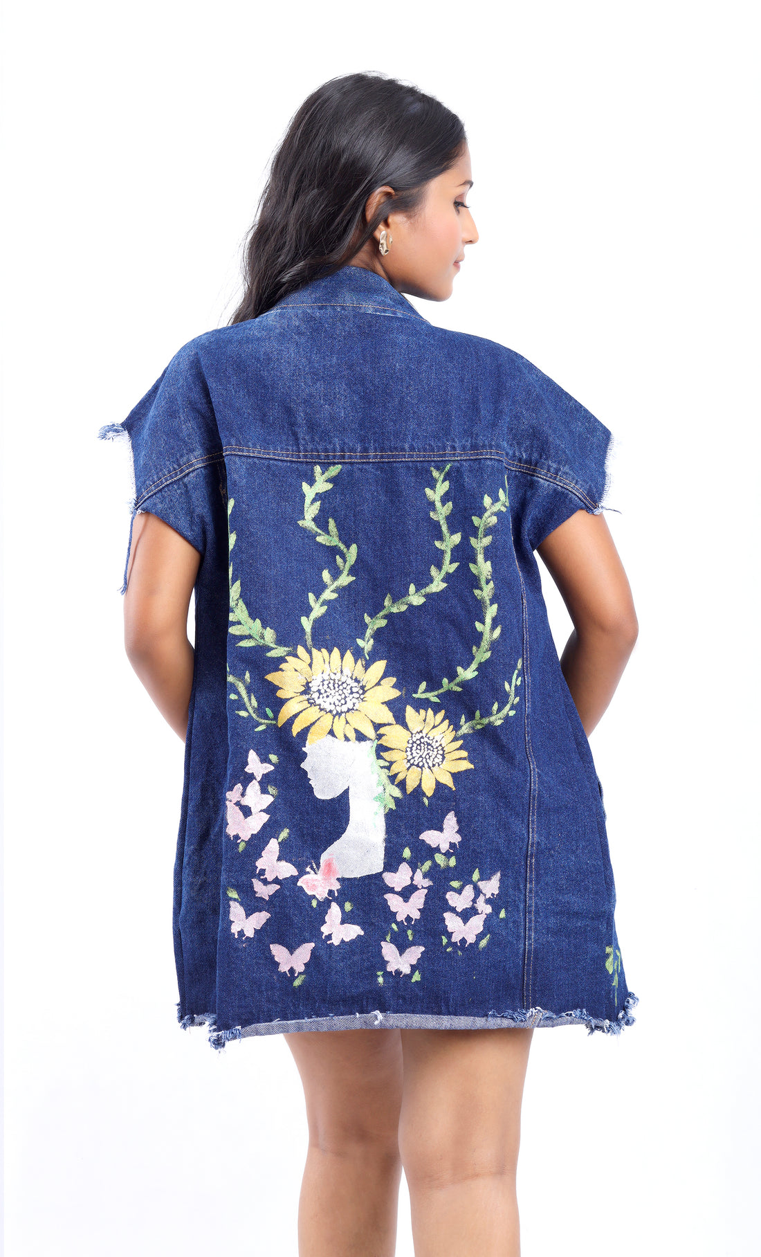 Gotamoda sleeveless denim jacket with floral and butterfly embroidery on back