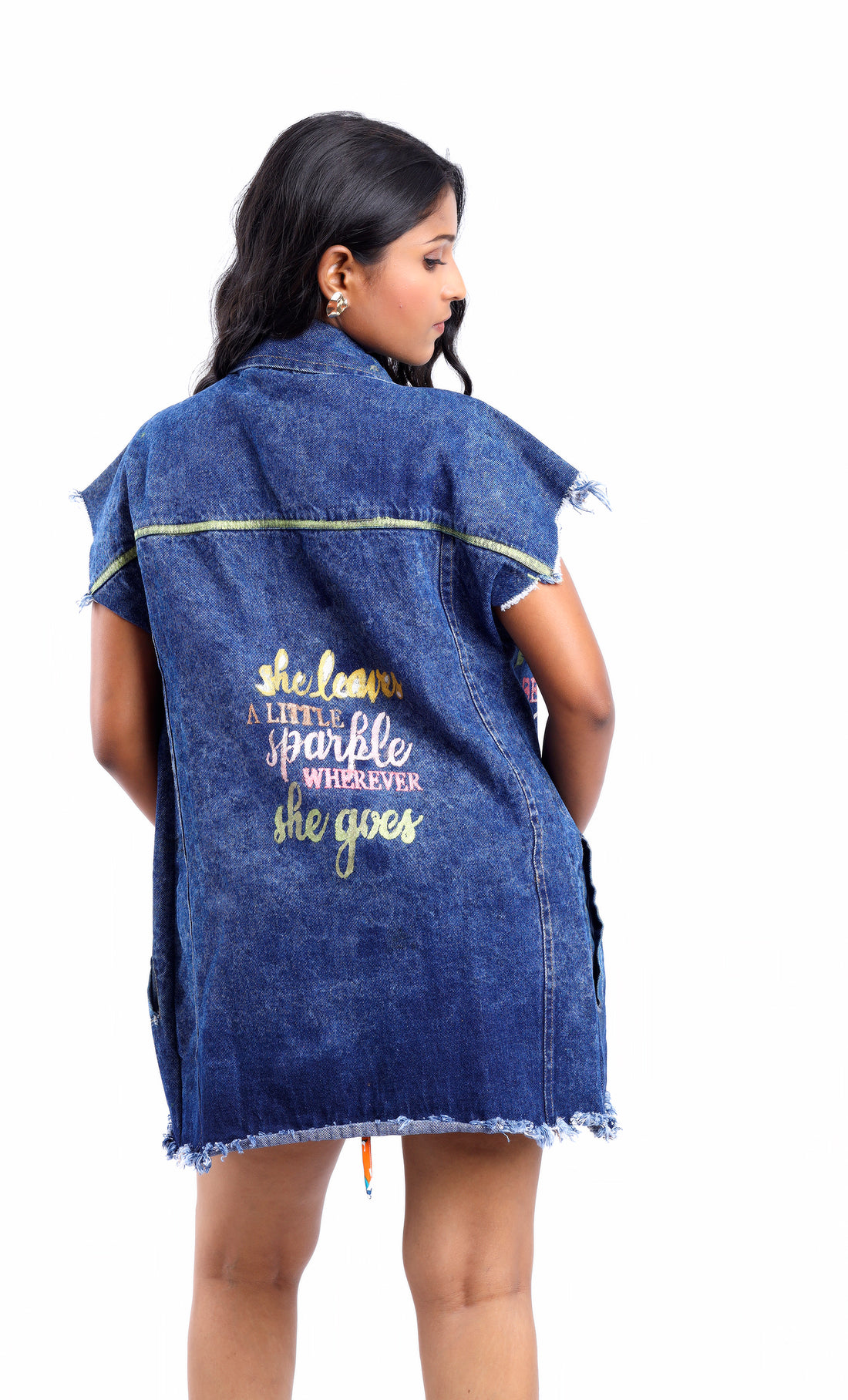 Gotamoda Sleeveless Denim Jacket with embroidered back text and frayed edges on model