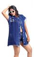 Gotamoda sleeveless denim jacket on woman with white sunglasses and frayed edges