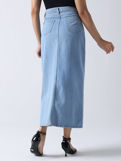 Winking Beauty Denim Hand Painted Denim Skirt in light blue worn by model with black heels