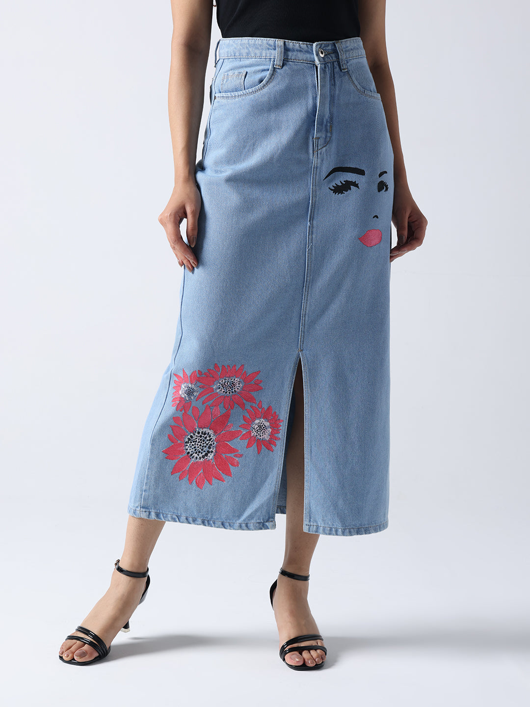 Winking Beauty Denim Hand Painted Denim Skirt with floral and face design by Gotamoda