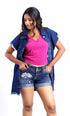 Gotamoda sleeveless denim jacket worn over pink top with denim shorts featuring floral design